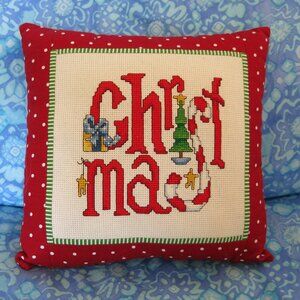 Handmade Handstitched Small Christmas Pillow Accent Cotton Holiday Home Décor